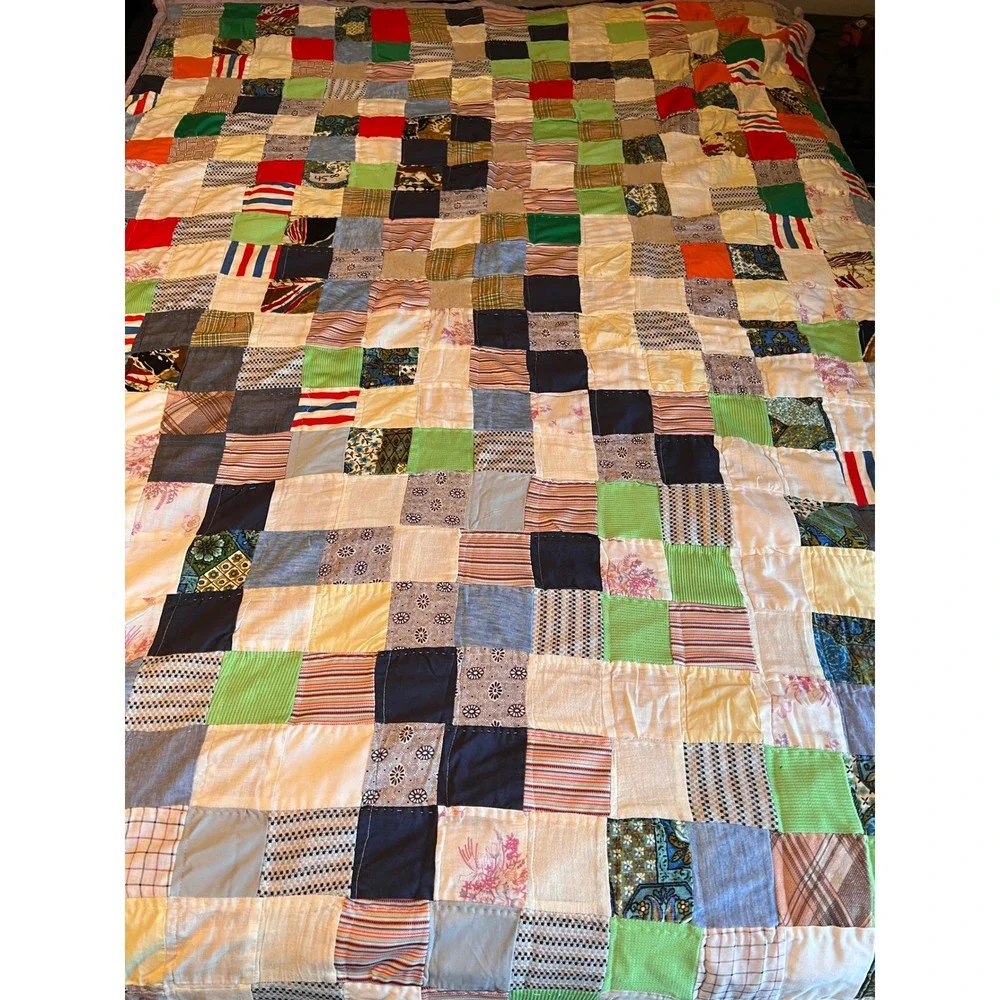 Handmade Patchwork Scrap Quilt Multi-Color Square‎ Hand Stitched 54x76 Lavender